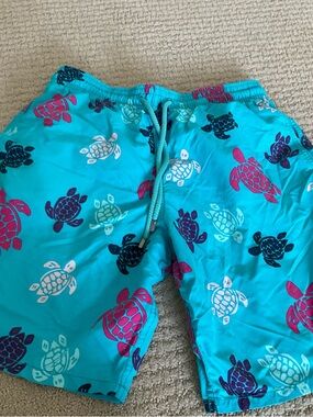 Turquoise Turtle Print Swim Trunks